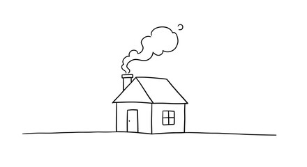 Simple Line Drawing of a House with Smoke Coming from Chimney on White Background