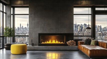 Contemporary Urban Loft Living Room with Modern Fireplace and City Views