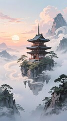 Fototapeta premium fantasy Japanese landscape floating temple on misty mountain soft pastel sunrise sky gentle clouds swirling around elegant.