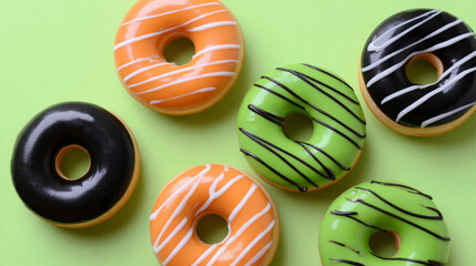 Colorful donuts with vibrant icing in orange, green, and black arranged on a bright green background, showcasing delicious dessert options for sweet lovers and food enthusiasts