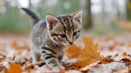 Playful tabby kitten exploring a forest floor covered in autumn leaves, showcasing curiosity and innocence in a vibrant natural setting with soft bokeh background