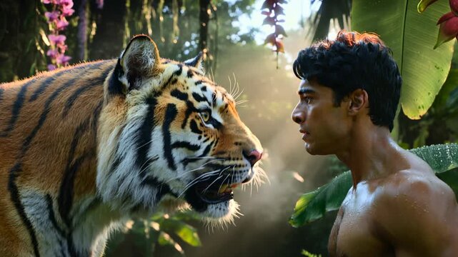 Man faces roaring tiger deep in tropical jungle, symbolizing primal fear, courage, and survival. Human versus nature, raw energy and ancient strength. Tiger and man, motivational metaphor