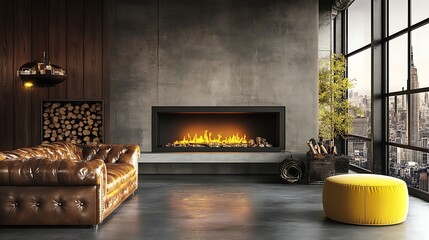 Modern Living Room With Contemporary Fireplace and Leather Sofa