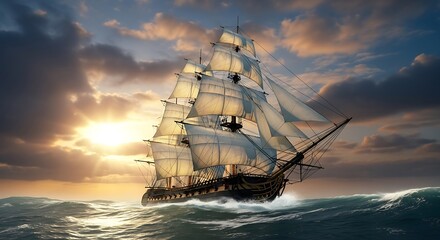 Obraz premium Majestic Tall Ship Sailing on Choppy Seas at Sunset with Dramatic Sky.