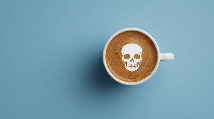 A cup of coffee with a skull design in the foam on a plain blue background. The coffee has a rich, creamy color, with a stark white skull, offering a quirky, dangerous twist.
