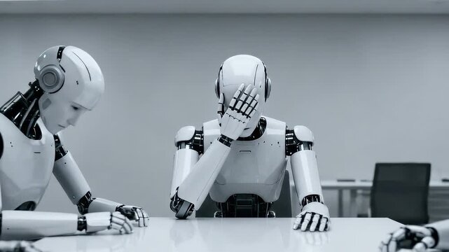 AI team showing signs of stress during a difficult meeting. A central robot facepalms in frustration over a failed project. Corporate technology challenges. Zoom in video.
