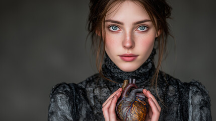 A beautiful woman in black costume holding the black heart on her hand , dark mood.