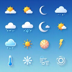 Obraz premium Weather Icons Set - Diverse Meteorological Conditions and Forecast Symbols.