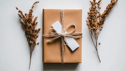 Gift box with dried flowers on a white surface.