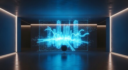 Futuristic room with glowing city hologram and chair against a dark background with light accents