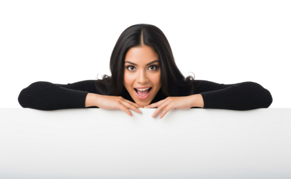 Excited woman leaning over a clean panel ready for headline or price update for store news or service alerts or account notices and FAQ headers and email greetings, event dates and deadlines