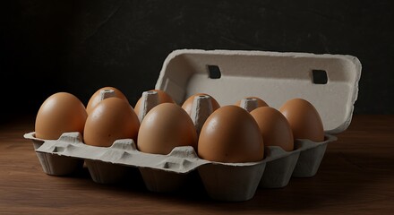 Fresh brown eggs in carton ready for breakfast cooking on wooden table, healthy food concept