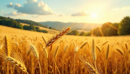 Obraz premium Golden Wheat Field Swaying Gently in Summer Sunlight A Picturesque Rural Landscape of Rolling Hills and Abundant Harvest, Evoking Peace and Tranquility
