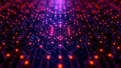Abstract Circuit Board with Glowing Lights and Futuristic Design.