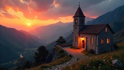 Serene Sunrise at a Rustic Benedictine Monastery A Peaceful Spiritual Landscape