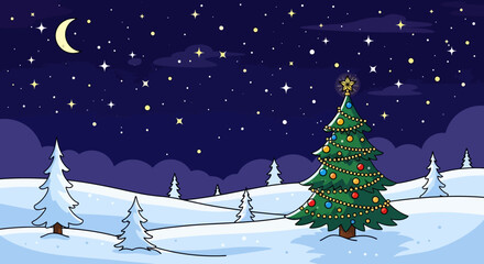 Cartoon Christmas Tree with Star Topper Lights and Colorful Ornaments.