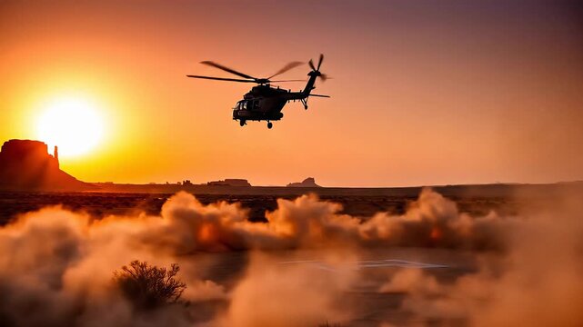 Special operations helicopter taking off in a desert environment during a golden hour mission. The aircraft's rotor wash creates a large cloud of sand. Panning and tilting shot.
