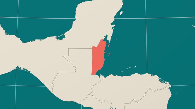 Belize map. Animated zoom into the country on the Globe in Teal Pale Mint color palette. Country logo animation. Map with meridians, parallels. Vibrant video.