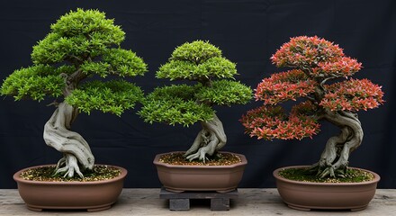 Three artistic bonsai trees in ceramic pots, showing different leaf colors against a dark background