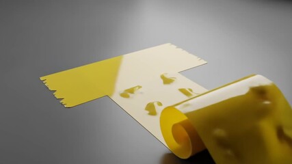 Yellow tape roll unfurls across a dark grey surface, revealing a torn edge and glossy imperfections - Powered by Adobe
