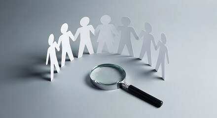 Fototapeta premium Paper cutout people holding hands in a circle with a magnifying glass in the center, symbolizing teamwork and investigation