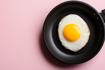 A sunny-side up egg sizzles in a black skillet against a soft pink backdrop. The bright yellow yolk contrasts with the white and the dark pan, a simple and tasty dish