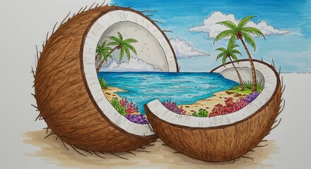 Tropical Paradise Inside Coconut Shell: Beach, Ocean, Palm Trees, and Coral Reef