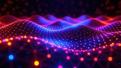 Abstract digital wave pattern with glowing dots and lines.