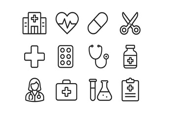 Hospital vector line icon set featuring healthcare, pharmacy, doctor, and medical symbols. Minimal linear icons pack with editable stroke vector art, ideal for medical center and healthcare design