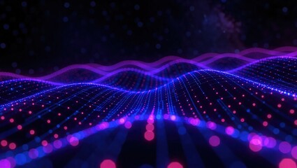 Abstract digital wave pattern with glowing dots and lines.