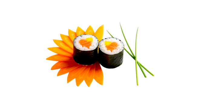 Creative sushi roll arranged like a sunflower with chopsticks and chives isolated on transparent background