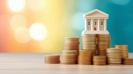 Model bank building sits atop stack of coins, symbolizing financial growth and investment opportunities. colorful background adds vibrant touch to
