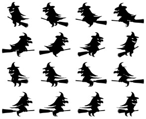 ハロウィンのイラスト素材　箒に乗って空を飛ぶ魔女のシルエット　カット十六点セット