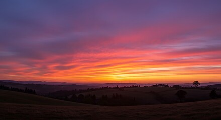 Vibrant Sunset Sky Over Rolling Hills and Countryside Landscape at Dusk