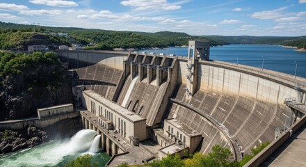 A large concrete dam with water flowing through it, surrounded by greenery and a blue lake in the background.