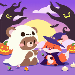 Kawaii Halloween Bear and Fox with Candy, Spooky Forest Night Vector.Adorable Halloween Animal Characters in Costumes, Cartoon Vector Illustration.