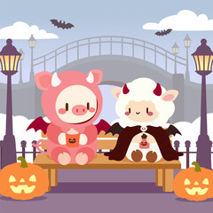 Cute Pig and Sheep in Devil Costumes, Halloween Bench Scene Vector.Kawaii Halloween Characters Relaxing on Bench with Pumpkins and Bats.