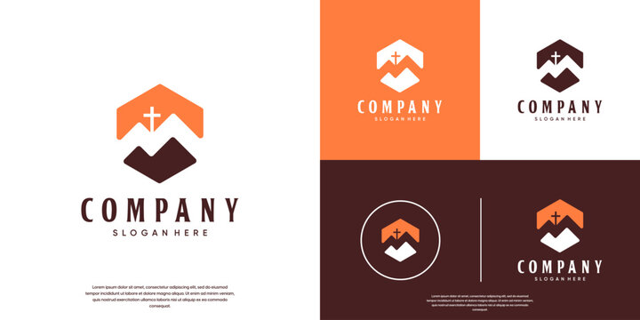 Cross logo on a mountain with negative space style, vector template design.