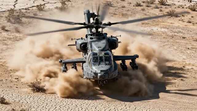 Combat gunship maneuvers for landing in a barren desert environment. The powerful rotor wash kicks up sand and dust. Modern warfare and aviation technology. Panning and tilting close-up shot.