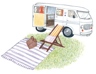 캠핑관련 캠핑카와 캠핌의자, 캠핑용품을 색연필 손그림으로 그린 일러스트