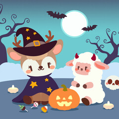 Kawaii Halloween Deer and Sheep in Costumes, Full Moon Night Vector.Cute Cartoon Halloween Scene with Pumpkin, Lollipops, and Spooky Trees.