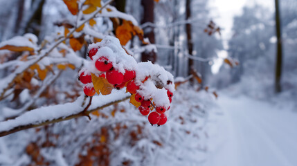 Red berries covered in fresh snow on branch with autumn leaves in white forest path, peaceful winter nature close-up seasonal background