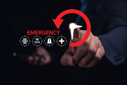 A hand pressing an emergency button, symbolizing urgent assistance with icons for SOS, help, and communication.