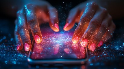 Hands with pink nails using a glowing device with sparkling particles near