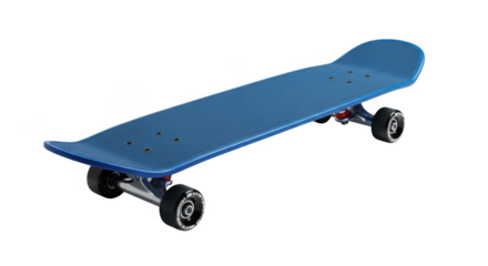 A simple blue skateboard with black wheels isolated on a plain black background