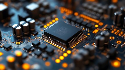 Close up view of a circuit board with chips and glowing orange connections