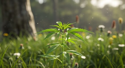 Young Cannabis Plant Growing in a Lush Green Field with Wildflowers and Sunbeams