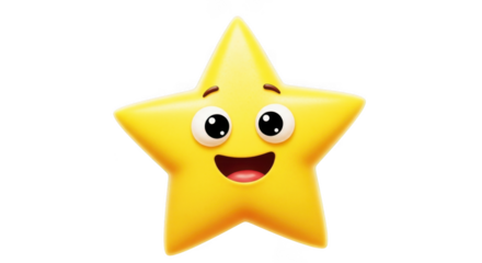 Cheerful yellow star character with big eyes and wide smiling mouth on black background