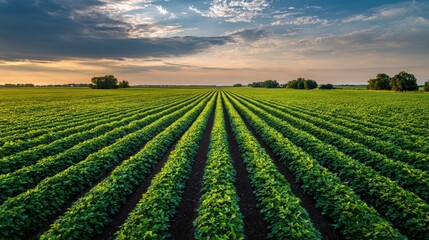 Cultivated Field Under Sunset Sky