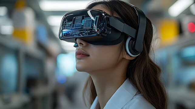 Woman wearing vr headset with digital cityscape reflected in the lenses - Powered by Adobe